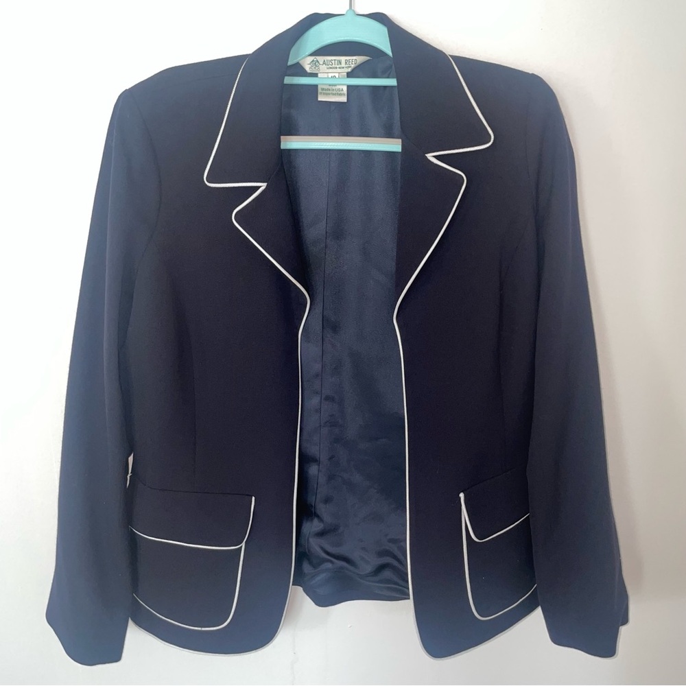 Austin Reed Vintage Navy White Piping 100% Worsted Wool Blazer Women's 10
